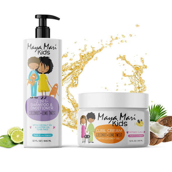 Maya Mari Kids 2 In 1 Shampoo And Conditioner And Curl Cream Set For Curly Hair Products Tear Sulfate Cruelty Haircare For Boys And Girls