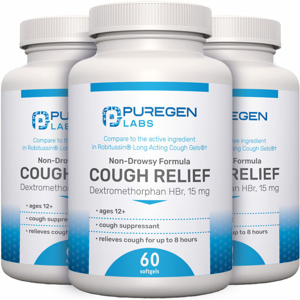 P Puregen Labs Cough Relief For Adults Dextromethorphan Hbr 15Mg 8Hour NonDrowsy LongLasting Bronchial Suppressant Ages 12+ Compare To Robafen And Robitussin 3 Pack Total 180 Softgels