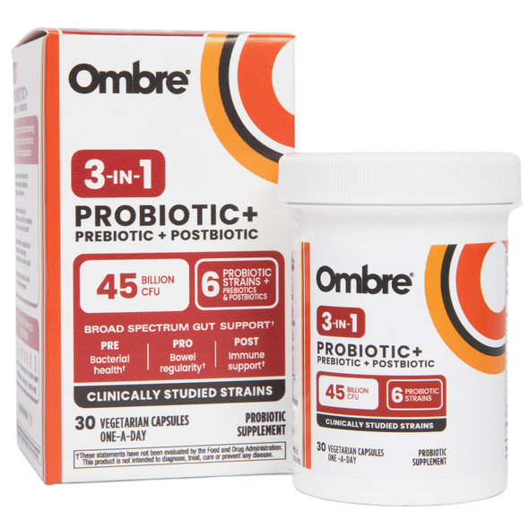 Ombre 3In1 Probiotic Prebiotic And Postbiotic For Digestive Health and Gut Health 45 Billion Cfu Bloating Constipation and Gas Relief Metabolic and Immune Support For Women and Men 30 Day Supply
