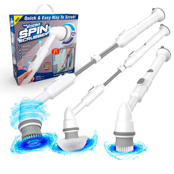 Ontel Voom Electric Spin Scrubber Cordless Shower Spinning Brush With 2 able Brush Heads and Adjustable Handle Rechargeable Spinning Brush For Cleaning Bathroom Tub Floor and Wall Tiles Car Wheels
