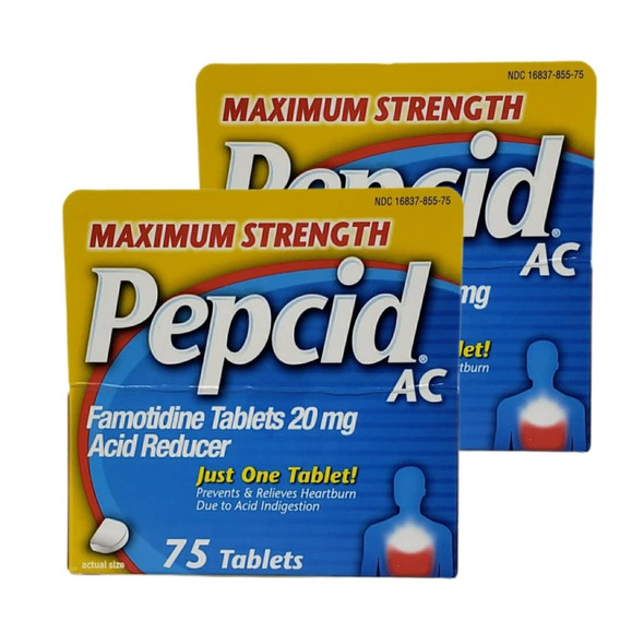 Pepcid Ac Maximum Strength Pack Of 2 Boxes Per Box Prevents and Relieves Heartburn Due To Acid Indigestion and Sour Stomach 20Mg Of Famotidine 75 Tablets 150 Tablets Total