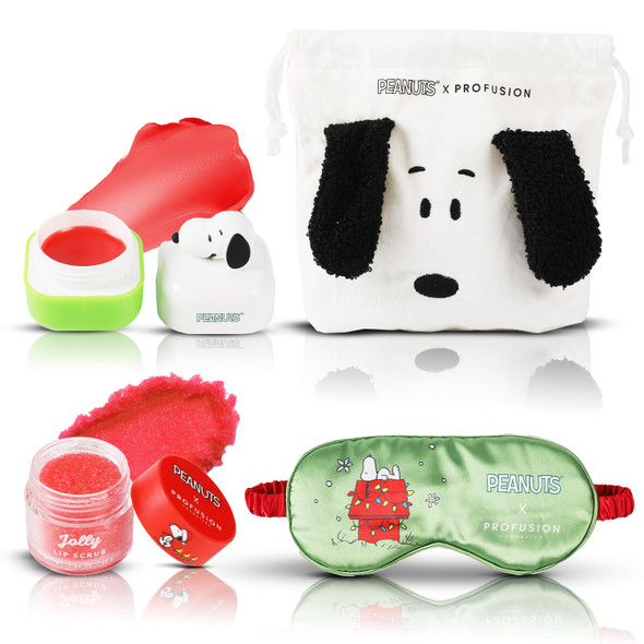 Profusion Cosmetics Peanuts Holiday Goodnight Set Featuring A Lip Balm Scrub Snoopy Pouch And Eye Sleep Mask Infused With Vitamin E