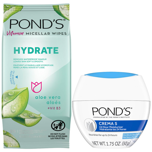 Pond'S Hydrate Makeup Remover Wipes Vitamin Micellar + Crema S 24H Facial Moisturizer With Botanical Extracts Travel Essentials