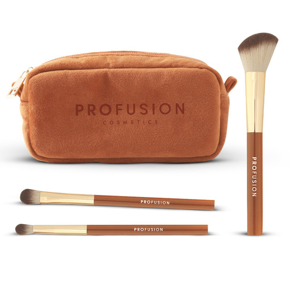 Profusion Cosmetics Pumpkin Spice 3 Pc Makeup Brush Set With Cosmetic Bag Angled Face Brush Eye Blending And Detail Brushes Included Vegan And CrueltyFree Tools