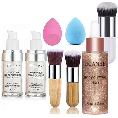 Ucanbe Tlm Color Changing Foundation Liquid With 2 Brushes And 2 Cosmetics + Champagne Gold Face Body Glitter Liquid Highlighter Illuminator Dewy Drops With Makeup Brush 2Pcs