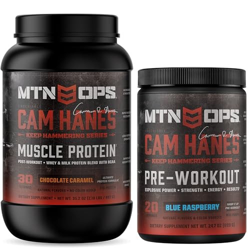 MTN OPS Cam Hanes Protein and  Pre Workout Bundle  Chocolate Caramel Whey Protein + Blue Raspberry Preworkout
