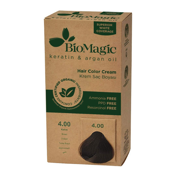 Brown Biomagic Permanent Hair Color for a Natural Look  Keratin and  Argan Oil Line Ammonia FREE Dye Contains Certified Organic Ingredients (4.00 Brown)