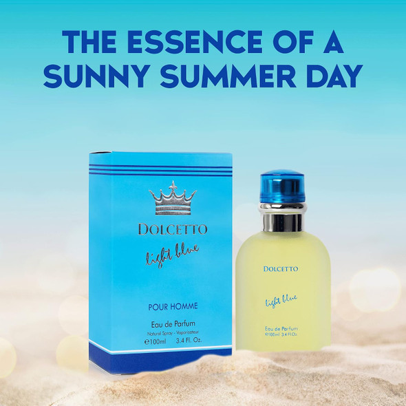 NovoGlow Dolcetto Light Blue Eau De Parfum for Men 3.4 Fl. Oz. 100ml Refreshing Combination of Woody Floral & Aquatic Fragrance - Scent Lasts All Day A Gift for Any Occasion