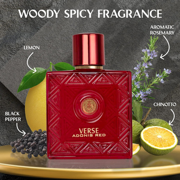 NovoGlow Verse Adonis Red for Men - 100ml Eau De Parfum Spray - Fruity Warm & Floral Fragrance Smell Fresh All Day Long Lasting Includes NovoGlow Carrying Pouch Gift for All Occasions 3.4 Fl Oz