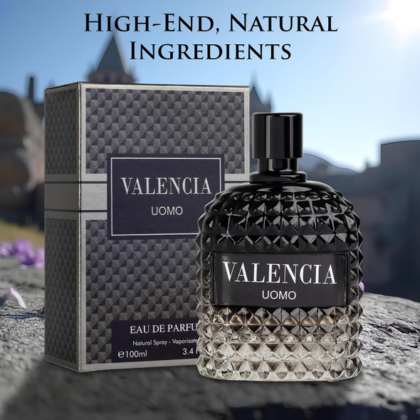NovoGlow Valencia UOMO for Men Eau De Parfum - Woody Aromatic Fragrance - Floral Twist Blended with a Cool Facet of Mineral Notes & Salt - Edgy yet Masculine Scent - Cologne or Everyday Use - 100ml Bottle
