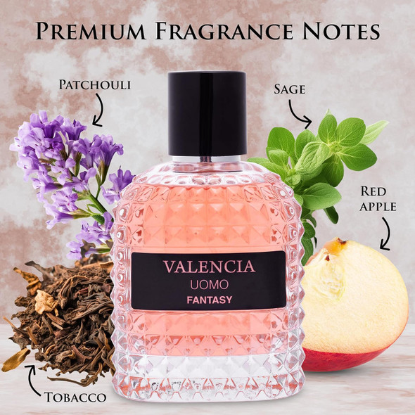 NovoGlow Valencia UOMO Fantasy Men EDP - Spicy & Woody Fragrance - Top Notes of Sweet Red Apple, Cardamom & Calabrian Bergamot - Base Scent of Warm Tobacco Leaf, Patchouli & Vetiver - Elegant 100ml Bottle