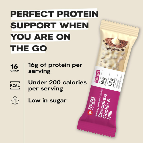 MaxiNutrition Creamy Core Protein Bar - Snack - Fat-Free, Low in Sugar - 16g Protein - Chocolate Cookie & Milk, 188 kcal per Serving, Maxi Nutrition 12 x 45g bar