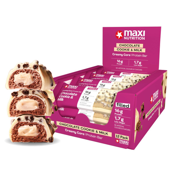 MaxiNutrition Creamy Core Protein Bar - Snack - Fat-Free, Low in Sugar - 16g Protein - Chocolate Cookie & Milk, 188 kcal per Serving, Maxi Nutrition 12 x 45g bar