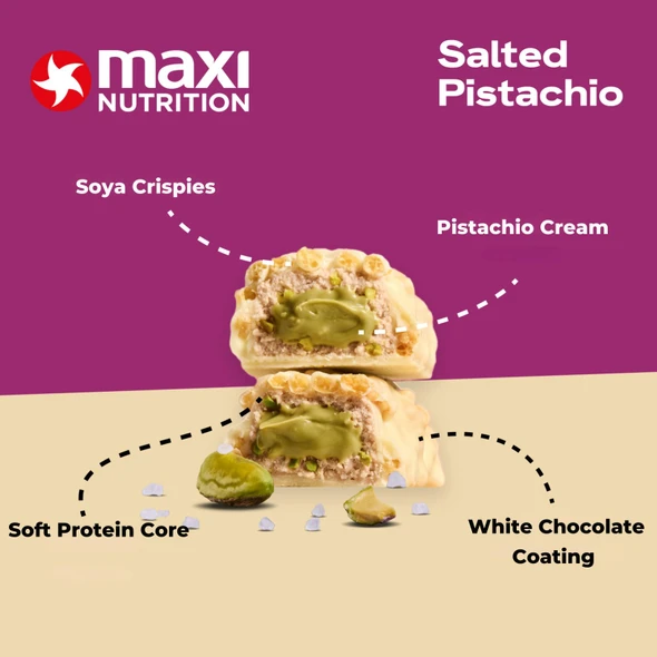 MaxiNutrition Creamy Core Protein Bar - Low in Sugar - 16g High Protein - Salted Pistachio, 193 kcal per Serving, 12 x 45g NO ARTIFICIAL COLOURS & FLAVOURS