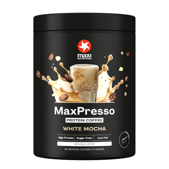 MaxiNutrition MaxPresso White Chocolate Mocha, Protein Coffee, Whey Protein Powder, 21 g Protein per Serving, Sugar-Free & Low-Fat, Mix Warm or Cold