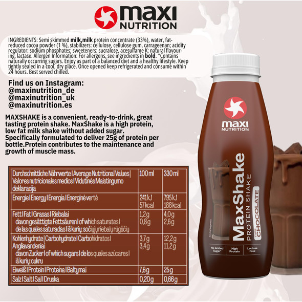 MaxiNutrition MaxShake Protein Milkshake Chocolate, 12 x 330 ml, Creamy Protein Shake for Travel, 25 g Protein, Low Fat and Low Carb, Lactose-Free, No Artificial Flavours