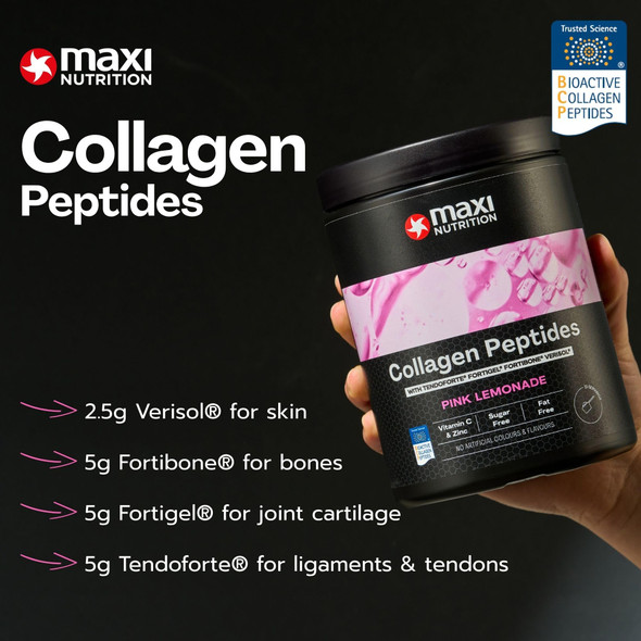 MaxiNutrition Collagen Peptides Lemonade 300 g, Fortigel® for Joint Cartilage, Tendoforte® for ligaments and tendons, Fortibone® for Bones, Verisol® for Skin. + 80 mg of Vitamin C, + 5 mg of Zinc