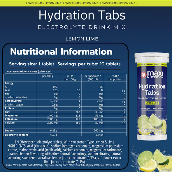MaxiNutrition Hydration tabs, Lemon Lime, Zero Sugar| Effervescent Electrolyte Tablets| for Improved Hydration and Recovery | Suitable for Vegans and Vegetarians | 6 x10 Tablets