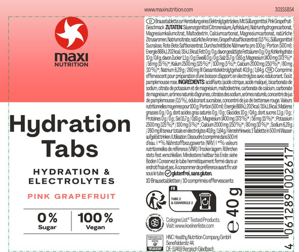 MaxiNutrition Hydration tabs, Pink Grapefruit, Zero Sugar| Effervescent Electrolyte Tablets| for Improved Hydration and Recovery | Suitable for Vegans and Vegetarians | 6 x 10 Tablets