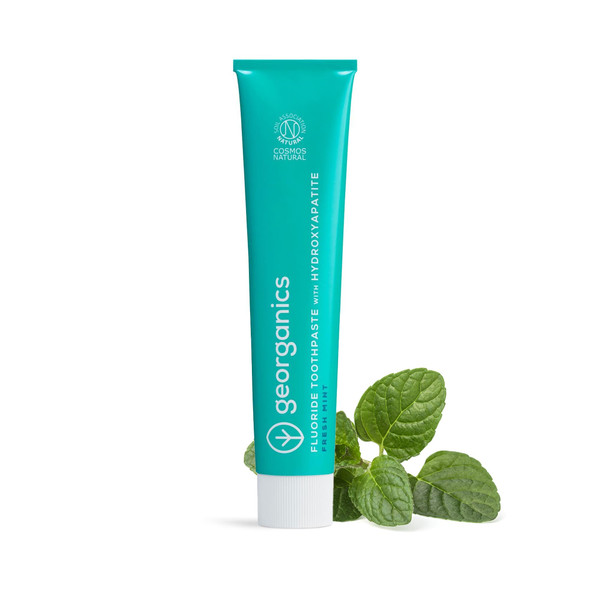 Georganics Fluoride Toothpaste with Hydroxyapatite  75ml  Fresh Mint  100% Natural and Sustainable  Superior Protection  Prevent Cavities and  Tooth Decay  Fight Plaque  for Fresh Breath