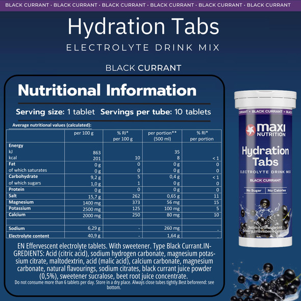 MaxiNutrition Hydration tabs, Black Currant, Zero Sugar| Effervescent Electrolyte Tablets| for Improved Hydration and Recovery | Suitable for Vegans and Vegetarians | 6 x10 Tablets