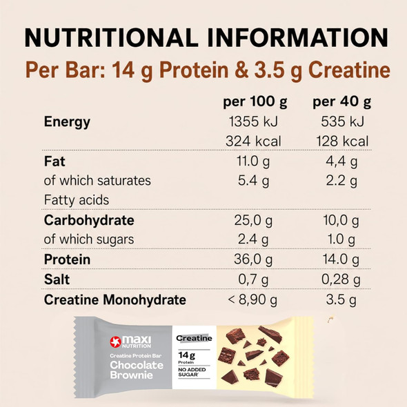 MaxiNutrition Creatine Protein Bar Chocolate Brownie, 16 x 40g, 14g protein, 3.5g creatine per serving