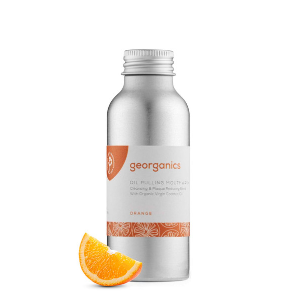Georganics Whitening Oil Pulling Mouthwash  Orange Flavoured  Plaque-Reducing Coconut Oil Blend  100% Natural Ingredients  SLS Glycerine and Fluoride Free OrganicVega Cruelty-Free 100ml  100 ml (Pack of 1)