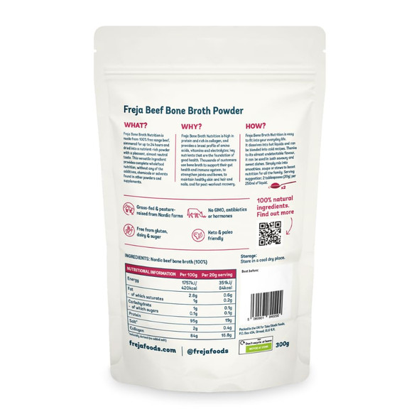 Freja Beef Bone Broth Powder 300g (15 Servings)  Beef  100% Pure GrassFed Beef