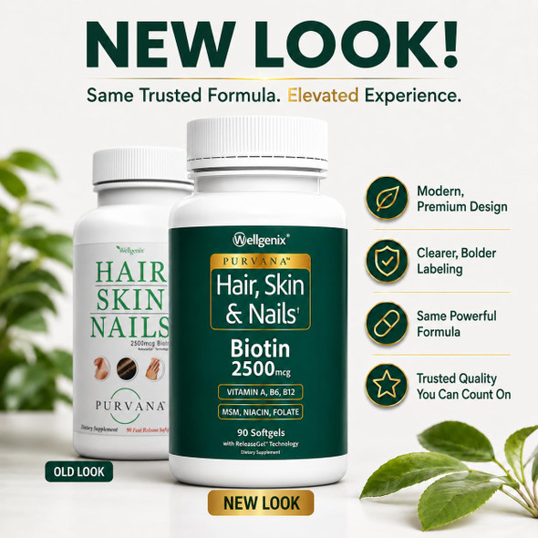 Wellgenix Purvana Hair Skin and Nails Supplement – 2500mcg Biotin Softgels with MSM & B-Complex – Daily Beauty Support for Stronger Nails & Hair Vitality – 90 Softgels