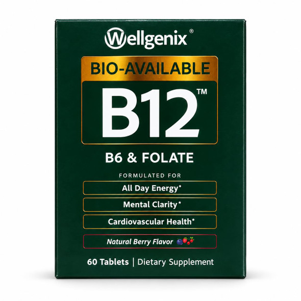 Wellgenix Bio-Available B12 Sublingual, Methylcobalamin, B6 & Folate, 60 Ct