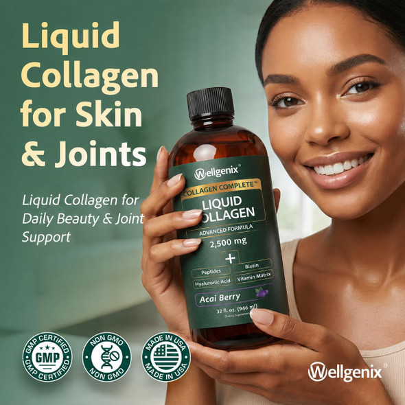 Wellgenix Liquid Collagen for Skin & Joints, Biotin & Hyaluronic Acid 32 oz