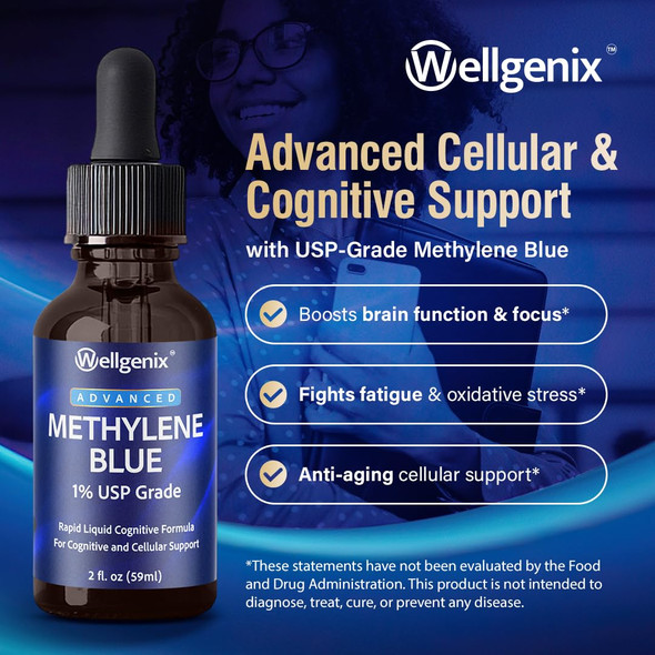Wellgenix Methylene Blue Drops 1% USP Grade – Pharmaceutical Grade Cognitive Function & Cellular Energy Support Supplement | Formaldehyde-Free Liquid in Amber Glass Bottle with Glass Dropper – 2 fl oz