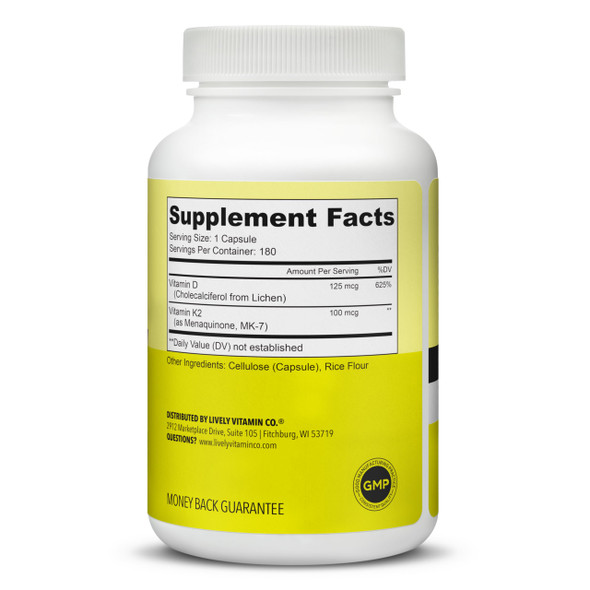 LIVELY VITAMIN CO. Solar Power Vitamin D3 5000 iu - Patented Vitamin K - MK7 - Immune Balance - Brain Function - Mood - Heart - Stress - 180 Count