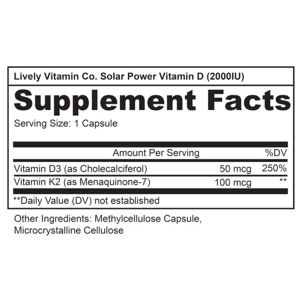 LIVELY VITAMIN CO. Solar Power Vitamin D3 2000 iu - Patented Vitamin K - MK7 - Immune Balance - Brain Function - Mood - Heart - Stress - 180 Count