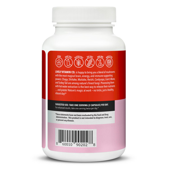 LIVELY VITAMIN CO. Mushroom Magic - Chaga - Cordyceps - Lions Mane - Turkey Tail - Reishi - Shiitake - Maitake - Immune - Energy - Memory - Non-GMO - 120 Vegan Capsules