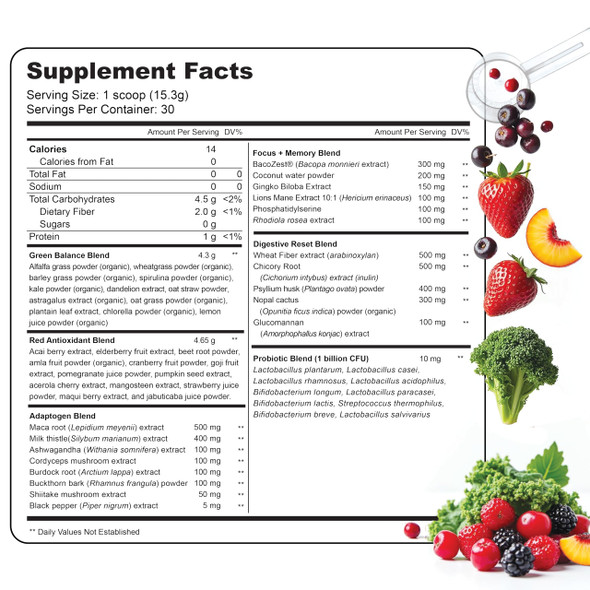 LIVELY VITAMIN CO Lively Greens w/Reds - 42 Superfood Ingredients - Memory, Focus, Mood, Digestion & Energy - Brain, Immune, Digestive & Heart Health - Bloating - Probiotics - Adaptogens - 16.19oz