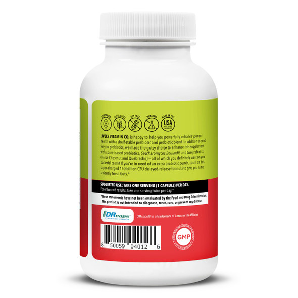 LIVELY VITAMIN CO. Great Guts Probiotic - 150 Billion CFU Probiotic - Balance Gut Microbiome, GI Tract, Inflammation, Indigestion, Reflux, Upset Stomach, & Diarrhea - 60 Caps