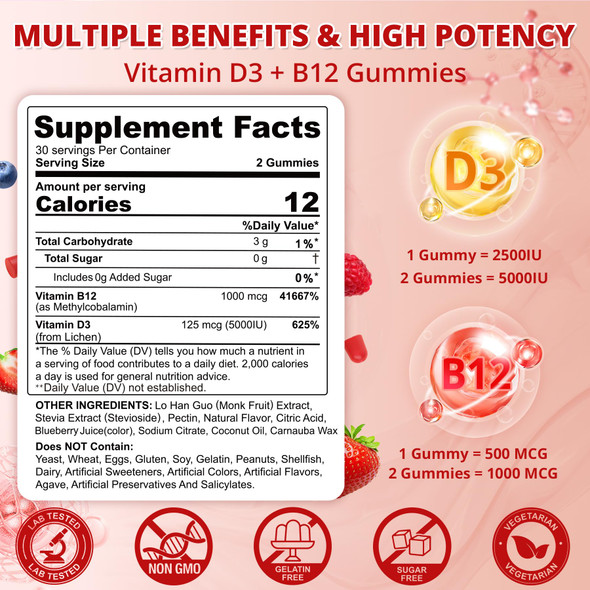 NEVISS Vegan Vitamin D3 5000IU + Vitamin B12 Gummies for Women Men, 60Ct