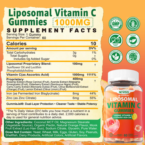 NEVISS Liposomal Vitamin C Gummies for Women and Men, Easy to Chew, 1 Pack