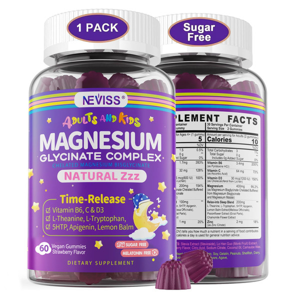 Magnesium Glycinate Gummies for Adults & Kids 4+, Sugar Free Magnesium Bisglycinate Supplement 400/200mg with B6 D3, L-Theanine for Zzz & Relaxation, Brain, Melatonin Free Gummies,1Pack