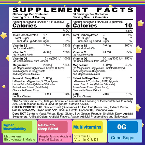 Magnesium Glycinate Gummies for Adults & Kids 4+, Sugar Free Magnesium Bisglycinate Supplement 400/200mg with B6 D3, L-Theanine for Zzz & Relaxation, Brain, Melatonin Free Gummies,1Pack