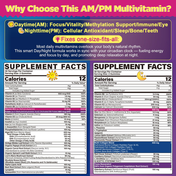 NEVISS 52-in-1 Methylated Multivitamin for Women Gummies with Iron, Omega-3, B6 B9 B12 for Day | Magnesium Glycinate, Calcium, Collagen for Night Renewal/Sleep, Womens 18 30 40 50 60 70+ AM PM Daily