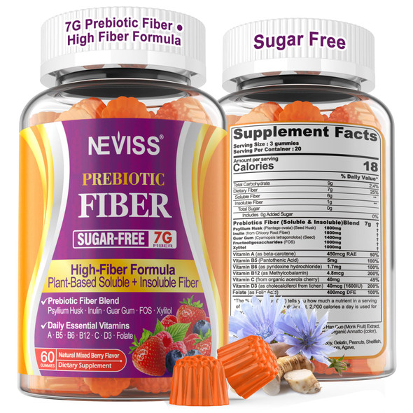 NEVISS Fiber Gummies 7G for Adults, Psyllium Husk Prebiotic Fiber,Sugar-free,60Cts