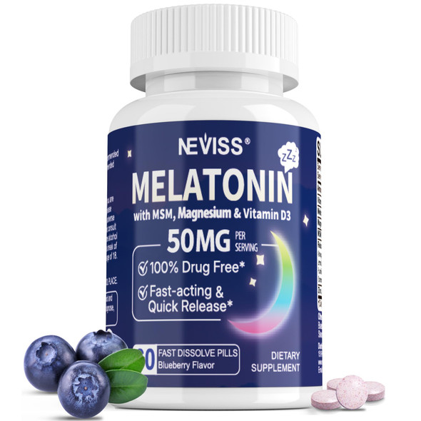 NEVISS Melatonin 50mg Extra Strength Fast Dissolve Tablets with Magnesium, 60Cts