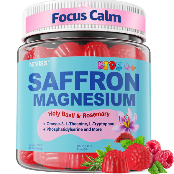 NEVISS Saffron + Magnesium Glycinate + Omega-3 - Calm Focus Gummies for Kids Teens