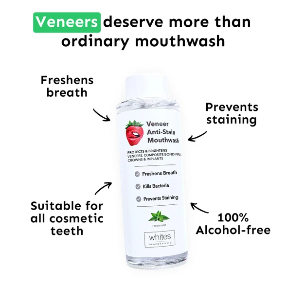 Whites Beaconsfield Alcohol Free Veneer Mouthwash 300ml - Anti-Stain Oral Rinse for Crowns, Implants & Bridges - Fresh Breath Mouthwash with Fluoride, Aloe Vera, Vitamin E & CPC - Enamel-Safe & Vegan