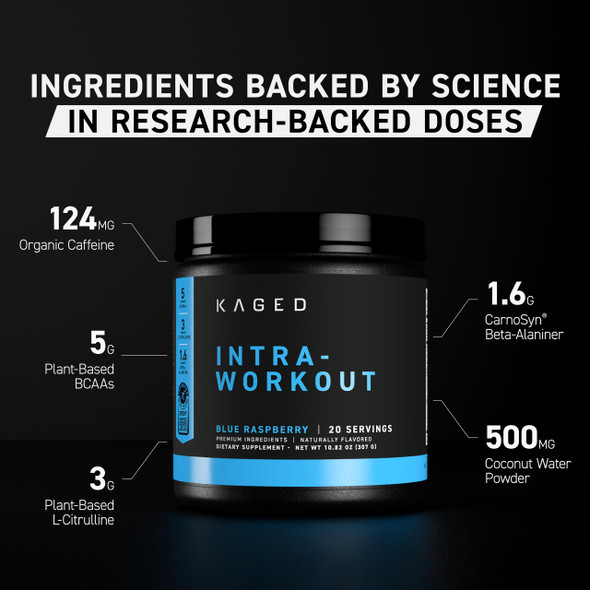 Kaged Intra-Workout Powder In-Kaged BCAAs, L-Citrulline & Beta-Alanine for Endurance 124mg Organic PurCaf Caffeine Coconut Water Powder 20 Servings Blue Raspberry