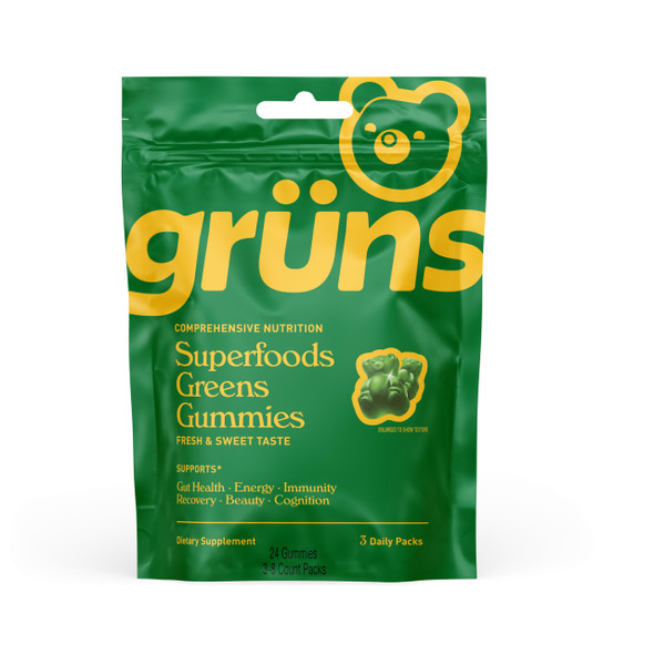 Gruns Super Greens Gummy Bears Organic Spirulina And Chlorella Prebiotics For Digestive Health 20+ Vitamins And Minerals 3 Sachets 24 Gummies