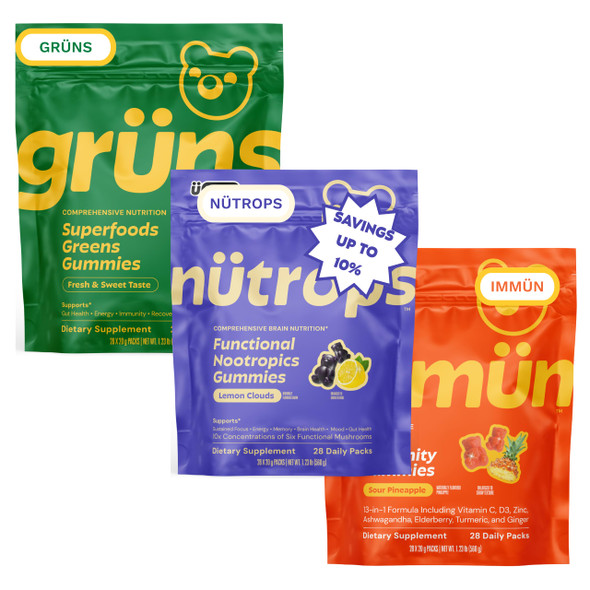 GruNs Greens + Immunity Gummies + NuTrops Mushroom Gummies 3X28