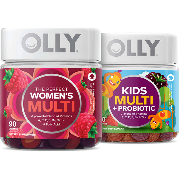 Olly WomenS Multivitamin Berry & Kids Multivitamin + Probiotic Gummy Berry Digestive Support Vitamins A D C E B & Zinc Daily Health Duo 90Ct 70Ct